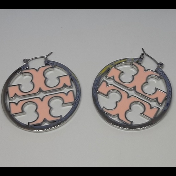 🆕 Tory Burch Authentic Silver And Pink Miller Enamel Inlay Hoop Earrings - Picture 5 of 11